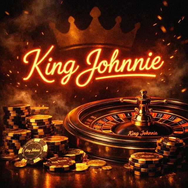 King Johnnie neon sign over a roulette wheel and stacks of casino chips